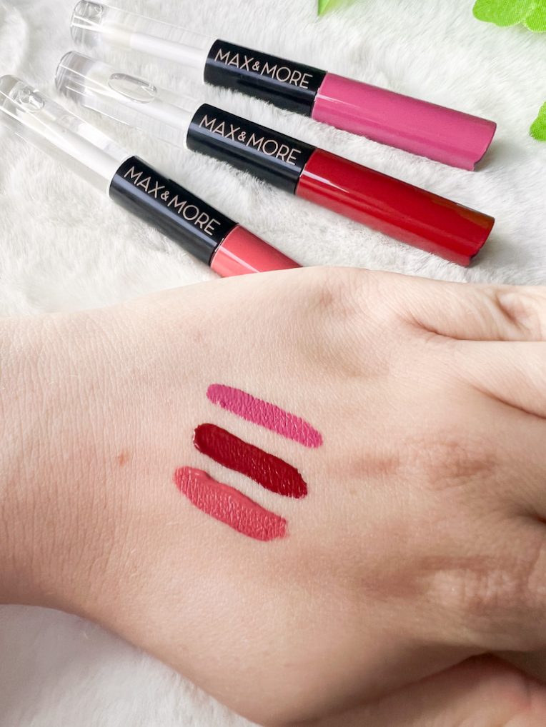 MAX&MORE Long lasting lipsticks swatches op hand