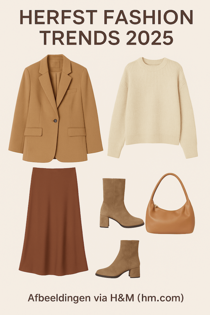 Herfst fashion trends 2025 collage - mocha mousse blazer, suede laarzen, knitwear en neutrale tinten - glamview.nl
