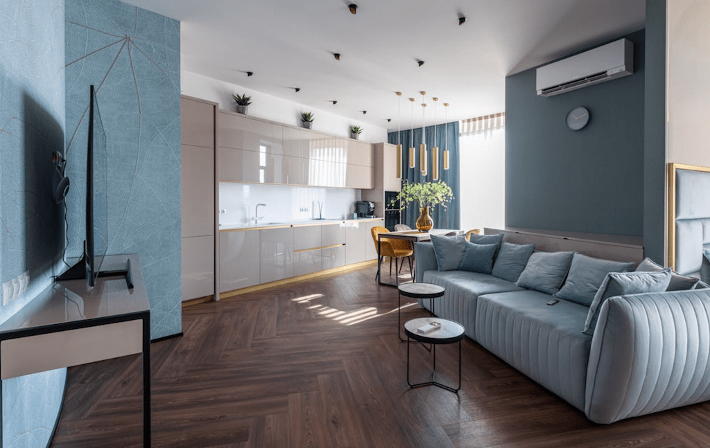 visgraat pvc vloer donker met blauw tint